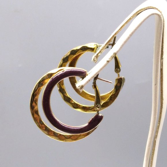 Vintage Enamel Double Hoop Earrings, Hammered Gold Tone and Plum Purple - Picture 3 of 5